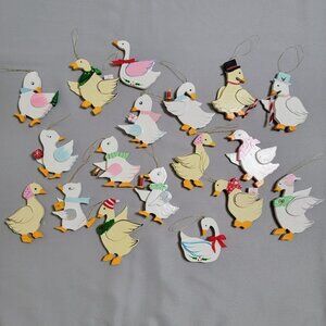 18 Vintage Wooden Hand Painted Goose Geese Silhouette Christmas Ornaments Taiwan